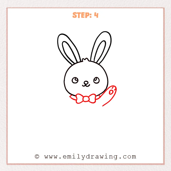 how to draw an easter bunny - The fourth stage of the Easter bunny drawing adds a bow tie under the head, short body lines, and a curved front paw with small paw pads.